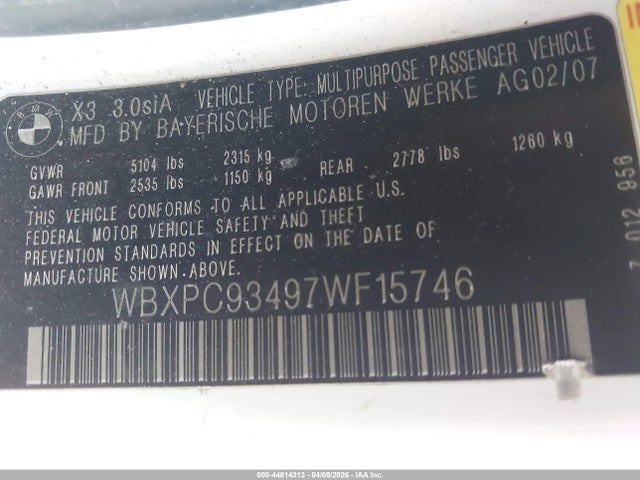 Продаж на аукціоні авто 2007 Bmw X3 3.0si, vin: WBXPC93497WF15746, номер лоту: 44814313