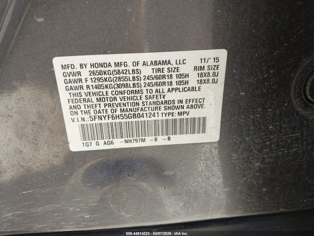 5FNYF6H55GB041241 Honda Pilot Ex-l