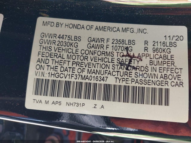 1HGCV1F37MA016347 Honda Accord Sport