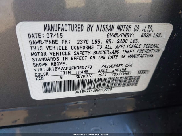 2015 Infiniti Q50 Premium მანქანა იყიდება აუქციონზე, vin: JN1BV7AP2FM350779, აუქციონის ნომერი: 44814342