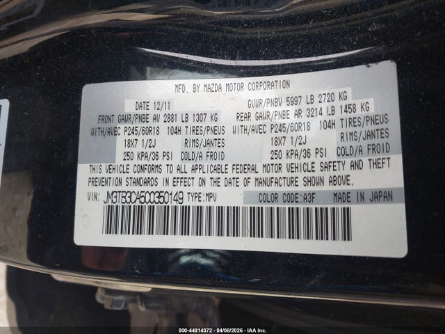 Aukcja sprzedaży 2012 Mazda Cx-9 Touring, vin: JM3TB3CA5C0350149, numer aukcji: 44814372