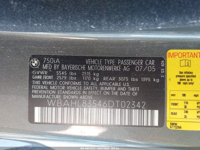 44814373 :رقم المزاد ، WBAHL83546DT02342 vin ، 2006 Bmw 750i مزاد بيع