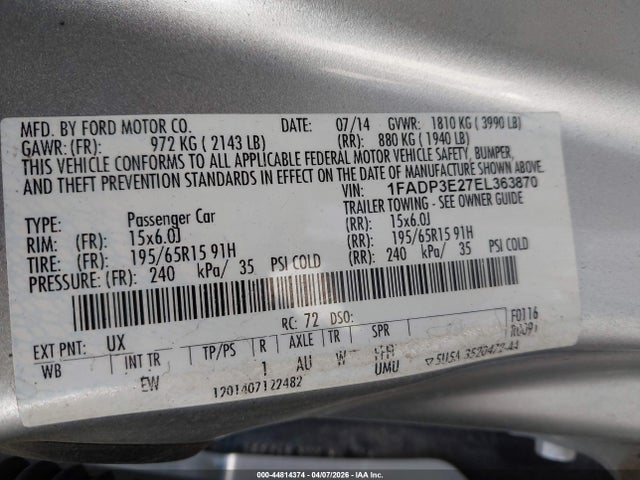 Ford FOCUS S 2014 1FADP3E27EL363870 Image 9