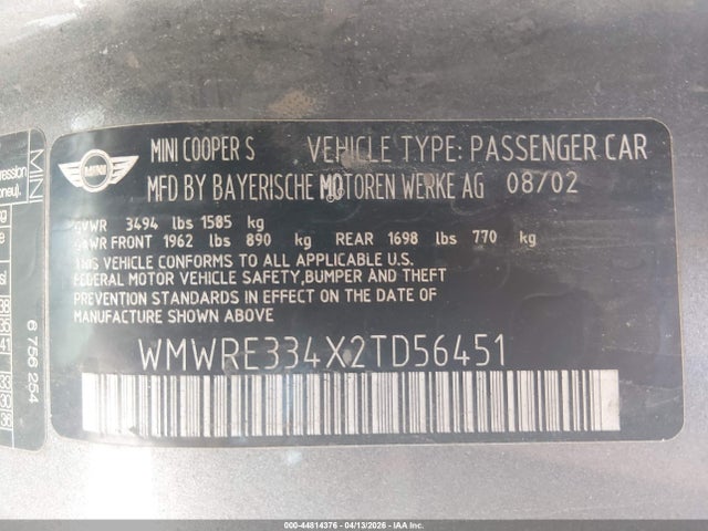 2002 MINI COOPER S WMWRE334X2TD56451 Photo 8
