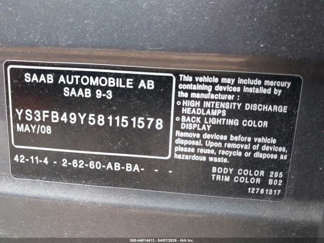 44814413 :رقم المزاد ، YS3FB49Y581151578 vin ، 2008 Saab 9-3 2.0t مزاد بيع