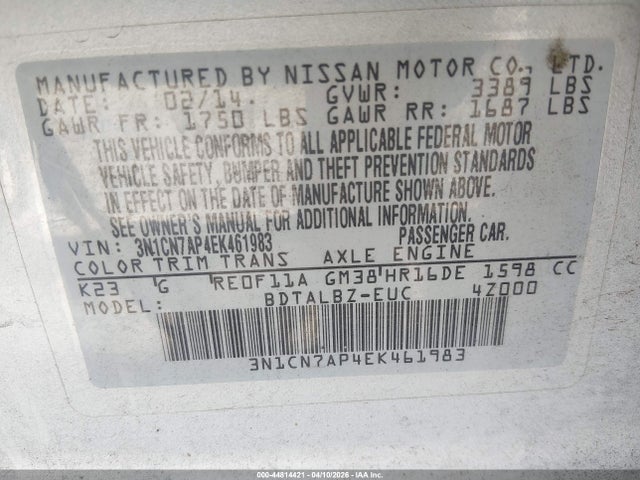3N1CN7AP4EK461983 Nissan Versa 1.6 Sv