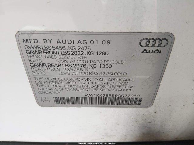 2009 Audi Q5 3.2 Premium მანქანა იყიდება აუქციონზე, vin: WA1KK78R59A022060, აუქციონის ნომერი: 44814426