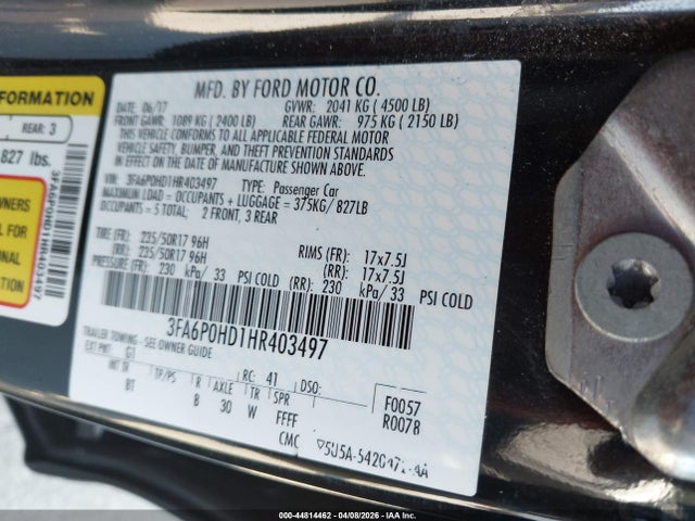2017 Ford Fusion Se მანქანა იყიდება აუქციონზე, vin: 3FA6P0HD1HR403497, აუქციონის ნომერი: 44814462