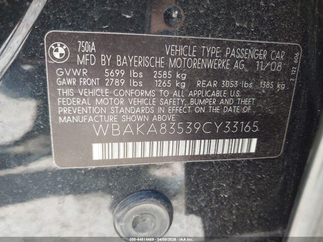 44814469 :رقم المزاد ، WBAKA83539CY33165 vin ، 2009 Bmw 750i مزاد بيع