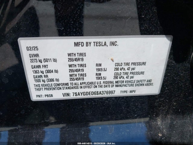44814515 :رقم المزاد ، 7SAYGDED6SA376997 vin ، 2025 Tesla Model Y Long Range Dual Motor Rear-wheel Drive مزاد بيع