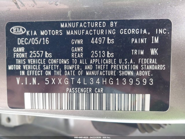 44814525 :رقم المزاد ، 5XXGT4L34HG139593 vin ، 2017 Kia Optima Lx مزاد بيع