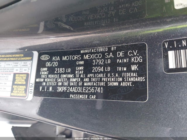 2020 Kia Forte Lxs მანქანა იყიდება აუქციონზე, vin: 3KPF24AD3LE256741, აუქციონის ნომერი: 44814537