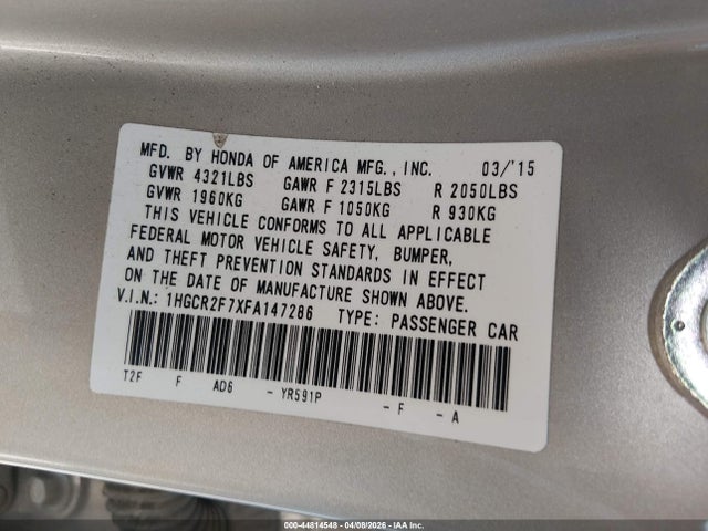 Honda ACCORD EX 2015 1HGCR2F7XFA147286 Image 9