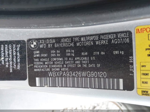 2006 Bmw X3 3.0i მანქანა იყიდება აუქციონზე, vin: WBXPA93426WG90120, აუქციონის ნომერი: 44814625
