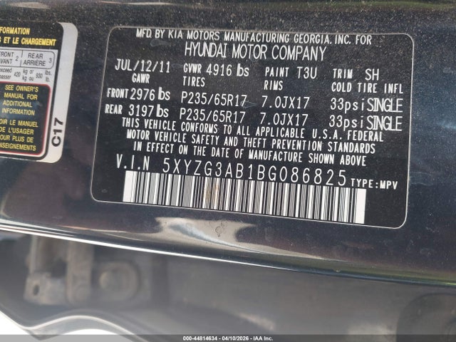 Aukcja sprzedaży 2011 Hyundai Santa Fe Gls, vin: 5XYZG3AB1BG086825, numer aukcji: 44814634