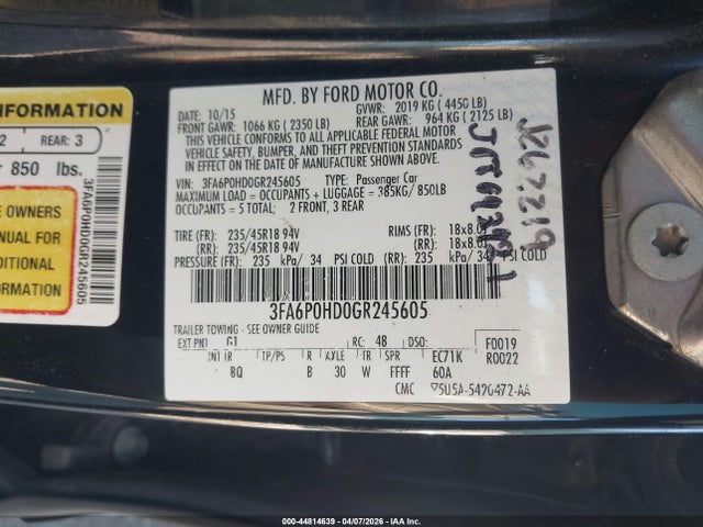 2016 Ford Fusion Se მანქანა იყიდება აუქციონზე, vin: 3FA6P0HD0GR245605, აუქციონის ნომერი: 44814639
