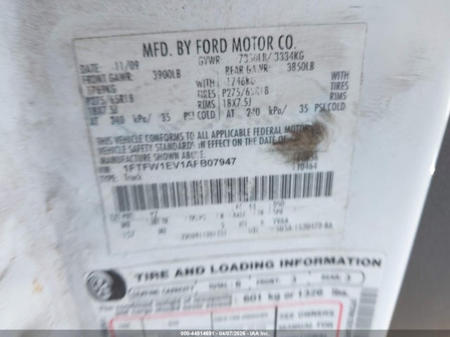 44814691 :رقم المزاد ، 1FTFW1EV1AFB07947 vin ، 2010 Ford F-150 Fx4/harley-davidson/king Ranch/lariat/platinum/xl/xlt مزاد بيع