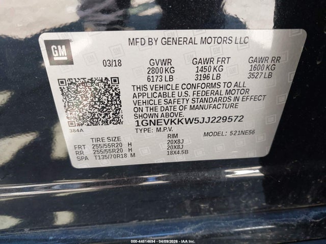 Продаж на аукціоні авто 2018 Chevrolet Traverse High Country, vin: 1GNEVKKW5JJ229572, номер лоту: 44814694