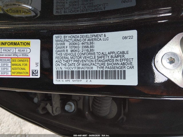 44814697 :رقم المزاد ، 1HGCV1F38NA076638 vin ، 2022 Honda Accord Sport مزاد بيع