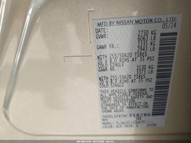 44814720 :رقم المزاد ، 5N1DL1FR7RC358286 vin ، 2024 Infiniti Qx60 Luxe مزاد بيع