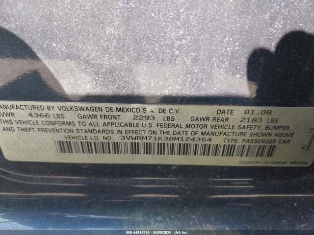 Продаж на аукціоні авто 2008 Volkswagen Jetta Se, vin: 3VWRM71K38M124354, номер лоту: 44814768