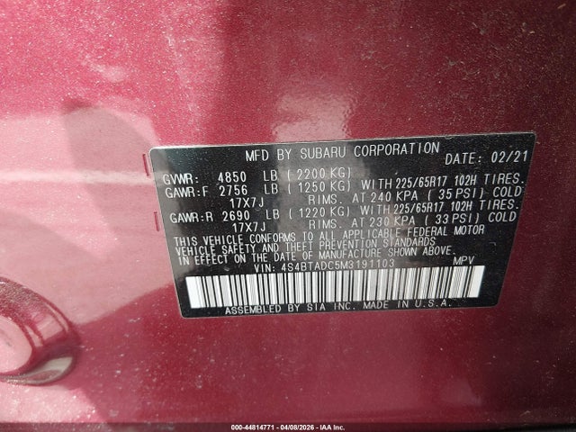 44814771 :رقم المزاد ، 4S4BTADC5M3191103 vin ، 2021 Subaru Outback Premium مزاد بيع