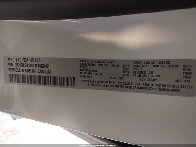 44814786 :رقم المزاد ، 2C4RC3PG6TR166942 vin ، 2026 Chrysler Pacifica Pinnacle Awd مزاد بيع