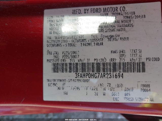 44814790 :رقم المزاد ، 3FAHP0HG7AR231694 vin ، 2010 Ford Fusion Se مزاد بيع