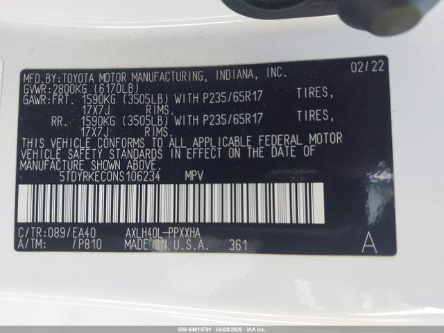 44814791 :رقم المزاد ، 5TDYRKEC0NS106234 vin ، 2022 Toyota Sienna Xle مزاد بيع