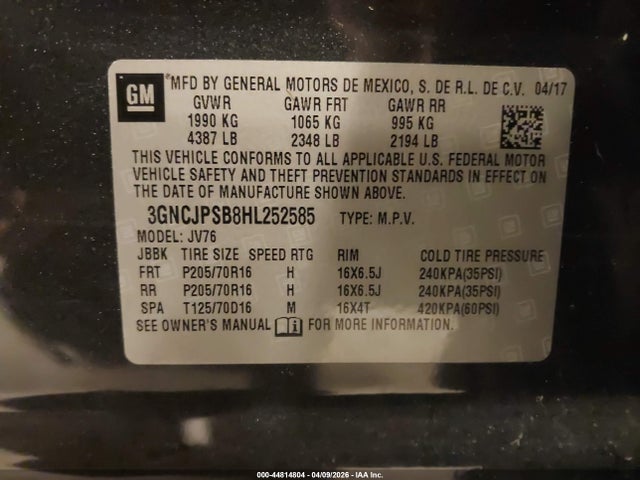 44814804 :رقم المزاد ، 3GNCJPSB8HL252585 vin ، 2017 Chevrolet Trax Lt مزاد بيع