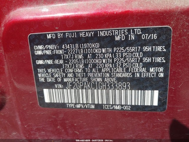 Продаж на аукціоні авто 2016 Subaru Crosstrek 2.0i Limited, vin: JF2GPAKC1GH333893, номер лоту: 44814809
