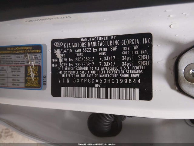 Aukcja sprzedaży 2017 Kia Sorento 3.3l Lx, vin: 5XYPGDA50HG199844, numer aukcji: 44814810