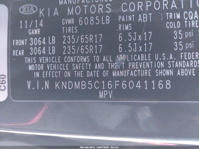 2015 Kia Sedona Lx მანქანა იყიდება აუქციონზე, vin: KNDMB5C16F6041168, აუქციონის ნომერი: 44814815