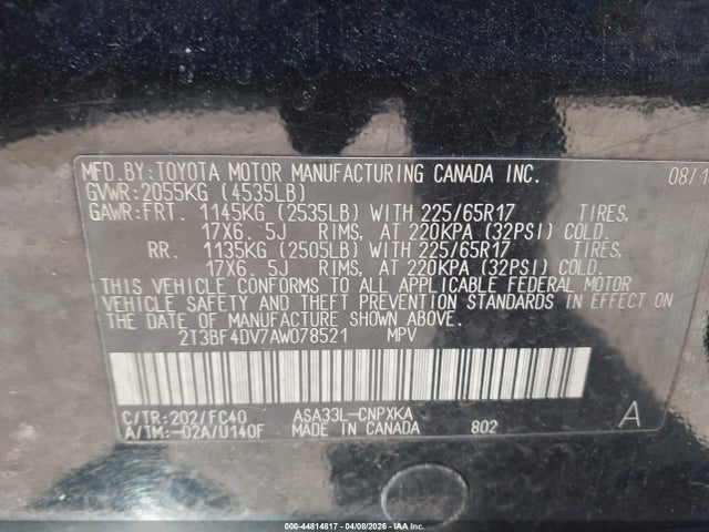 44814817 :رقم المزاد ، 2T3BF4DV7AW078521 vin ، 2010 Toyota Rav4 مزاد بيع