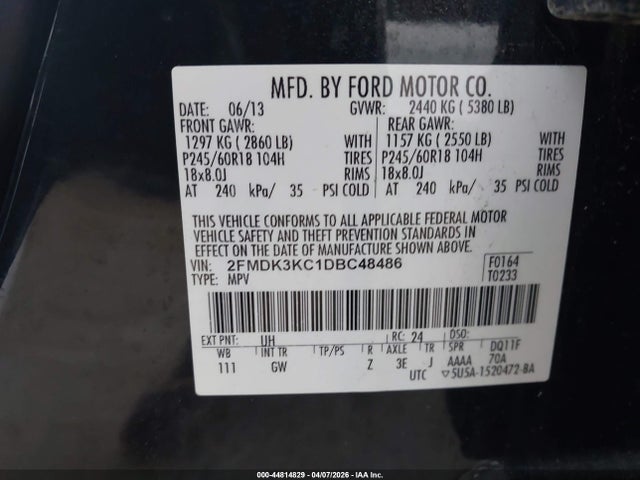 Продаж на аукціоні авто 2013 Ford Edge Limited, vin: 2FMDK3KC1DBC48486, номер лоту: 44814829