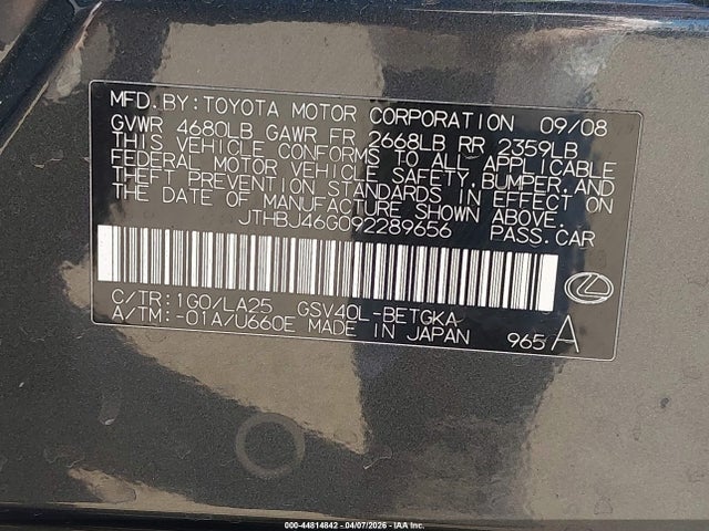 44814842 :رقم المزاد ، JTHBJ46G092289656 vin ، 2009 Lexus Es 350 مزاد بيع