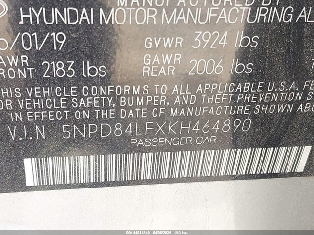 Aukcja sprzedaży 2019 Hyundai Elantra Value Edition, vin: 5NPD84LFXKH464890, numer aukcji: 44814849