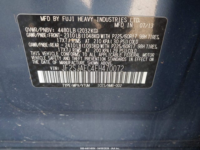 44814854 :رقم المزاد ، JF2SJAEC4EH470072 vin ، 2014 Subaru Forester 2.5i Premium مزاد بيع
