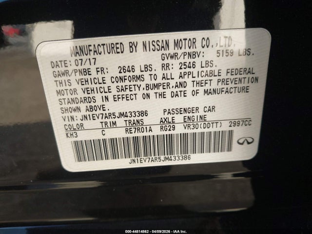 2018 Infiniti Q50 3.0t Luxe მანქანა იყიდება აუქციონზე, vin: JN1EV7AR5JM433386, აუქციონის ნომერი: 44814862