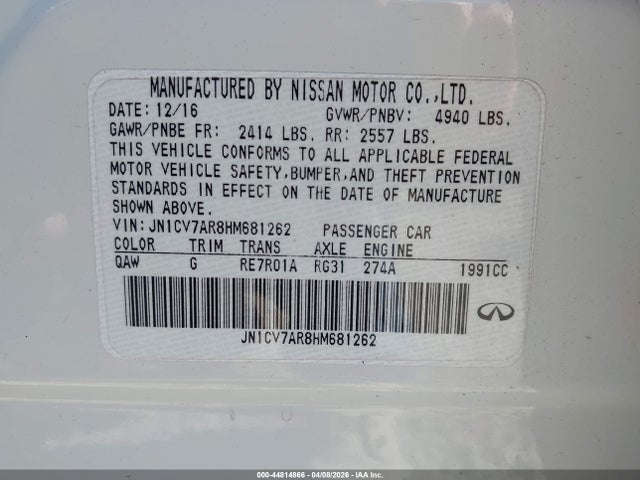 Auction sale of the 2017 Infiniti Q50 2.0t Base, vin: JN1CV7AR8HM681262, lot number: 44814866