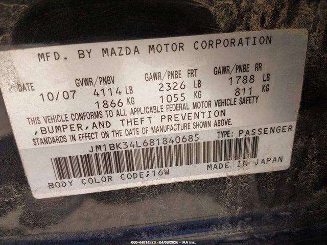 2008 Mazda Mazdaspeed3 Grand Touring მანქანა იყიდება აუქციონზე, vin: JM1BK34L681840685, აუქციონის ნომერი: 44814870