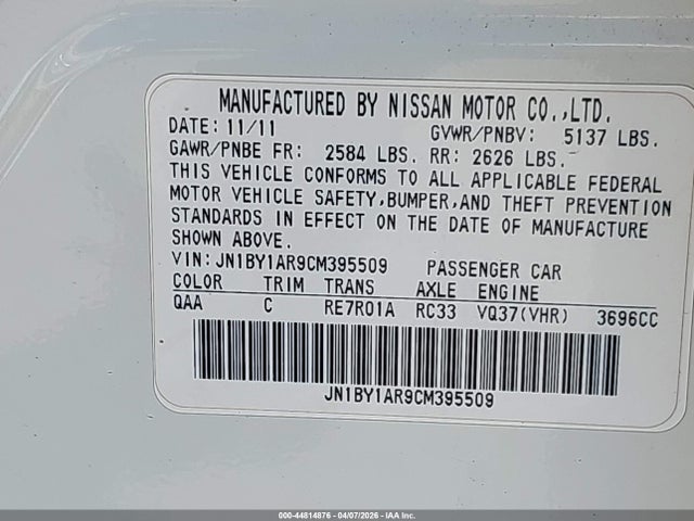 Aukcja sprzedaży 2012 Infiniti M37x, vin: JN1BY1AR9CM395509, numer aukcji: 44814876