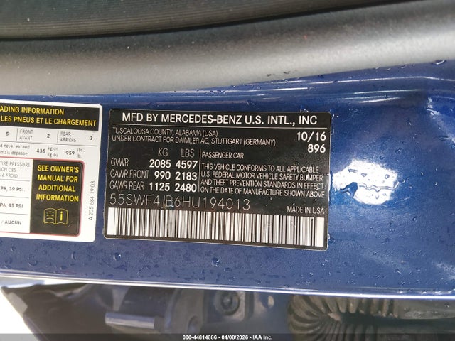 Aukcja sprzedaży 2017 Mercedes-benz C 300 Sport, vin: 55SWF4JB6HU194013, numer aukcji: 44814886