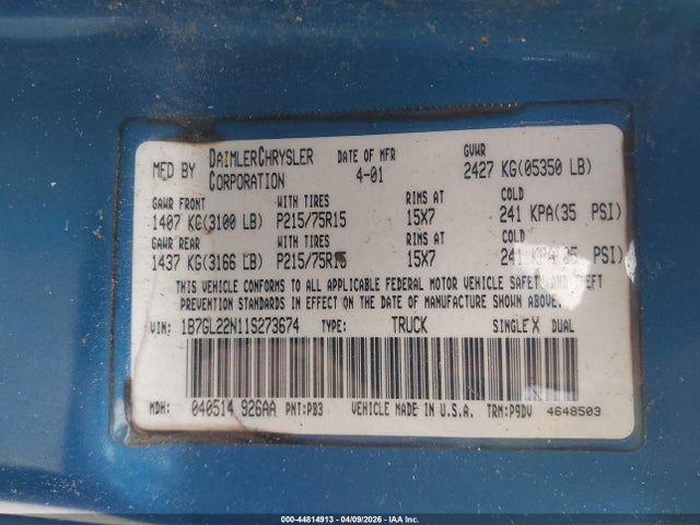 44814913 :رقم المزاد ، 1B7GL22N11S273674 vin ، 2001 Dodge Dakota Slt/sport مزاد بيع