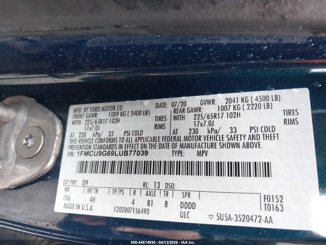 2020 Ford Escape Se მანქანა იყიდება აუქციონზე, vin: 1FMCU9G69LUB77039, აუქციონის ნომერი: 44814930