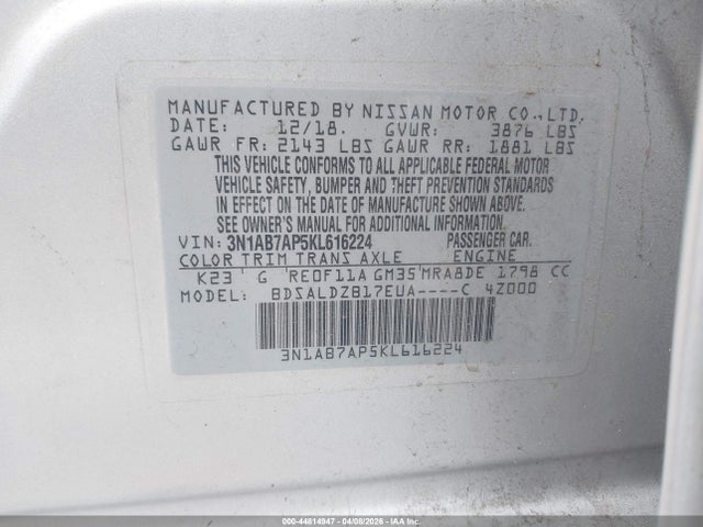 44814947 :رقم المزاد ، 3N1AB7AP5KL616224 vin ، 2019 Nissan Sentra Sv مزاد بيع