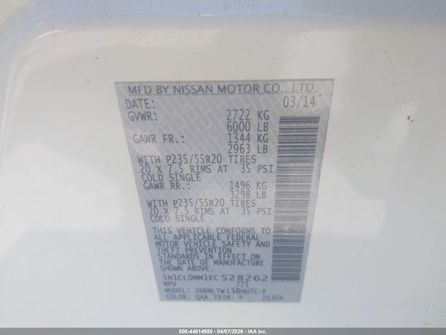 2014 Infiniti Qx60 Hybrid მანქანა იყიდება აუქციონზე, vin: 5N1CL0MM1EC528262, აუქციონის ნომერი: 44814950