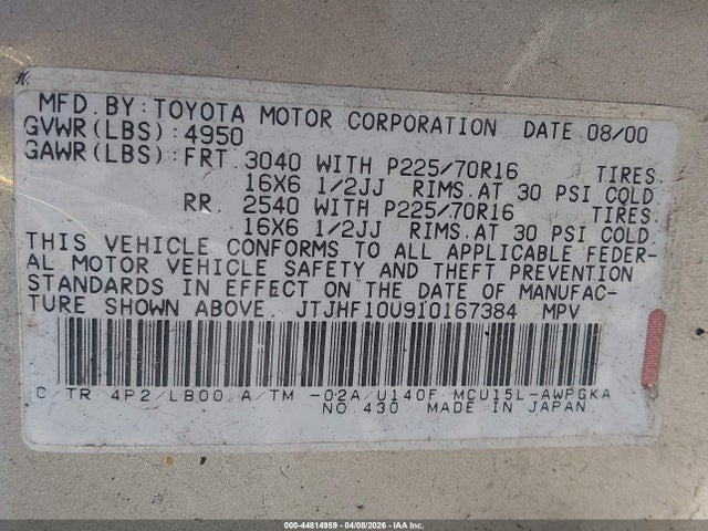 Aukcja sprzedaży 2001 Lexus Rx 300, vin: JTJHF10U910167384, numer aukcji: 44814959