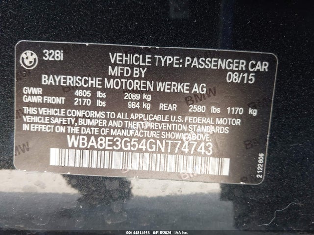 2016 Bmw 328i Xdrive მანქანა იყიდება აუქციონზე, vin: WBA8E3G54GNT74743, აუქციონის ნომერი: 44814968