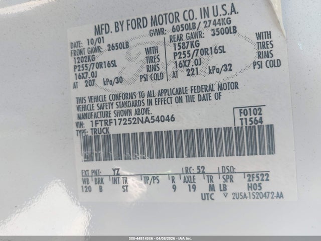Продаж на аукціоні авто 2002 Ford F-150 Xl/xlt, vin: 1FTRF17252NA54046, номер лоту: 44814986